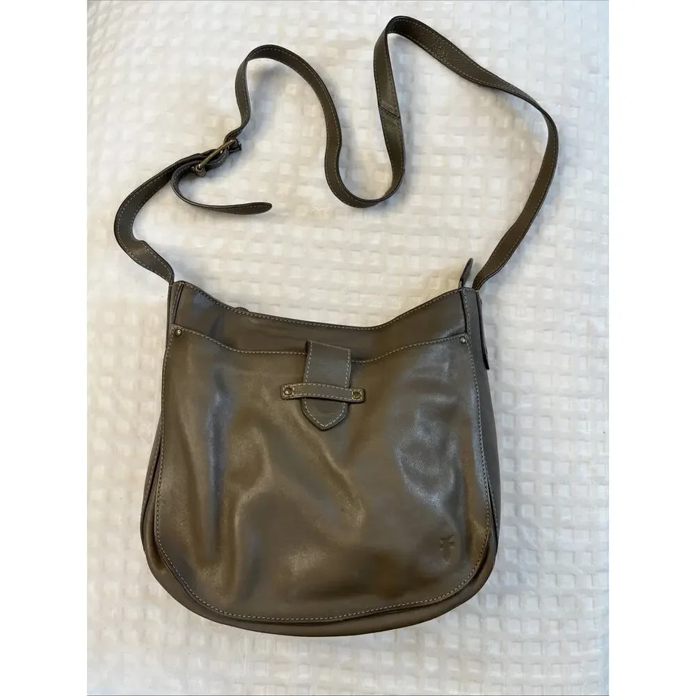 Frye Olivia Large Khaki Leather Crossbody Zip Top Closure Adjustable Strap Boho